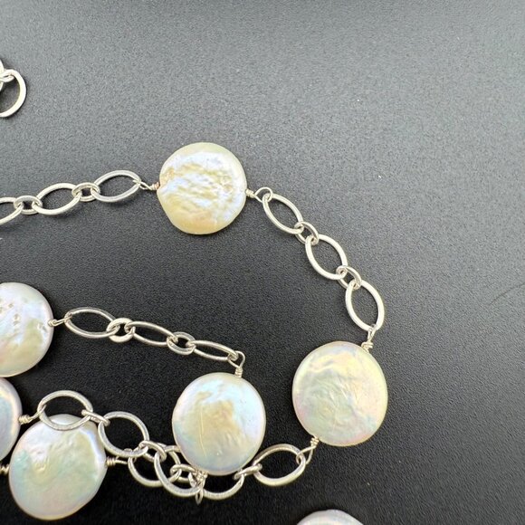 Coin Pearl Necklace Single Strand With Silver-Tone Chain Elegant - Picture 10 of 11